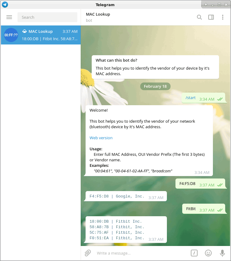 Demo interaction with telegram version of MAC address lookup bot