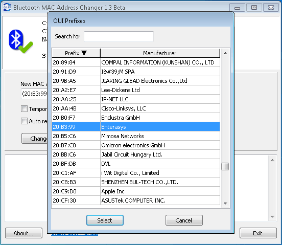 OUI lookup tool - Bluetooth MAC Address Changer