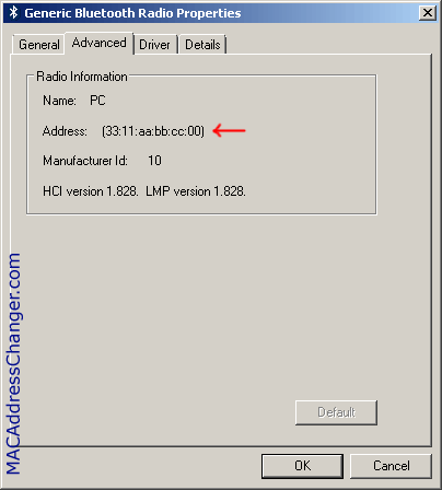 Bluetooth Radio Properties - Advanced - MAC Address