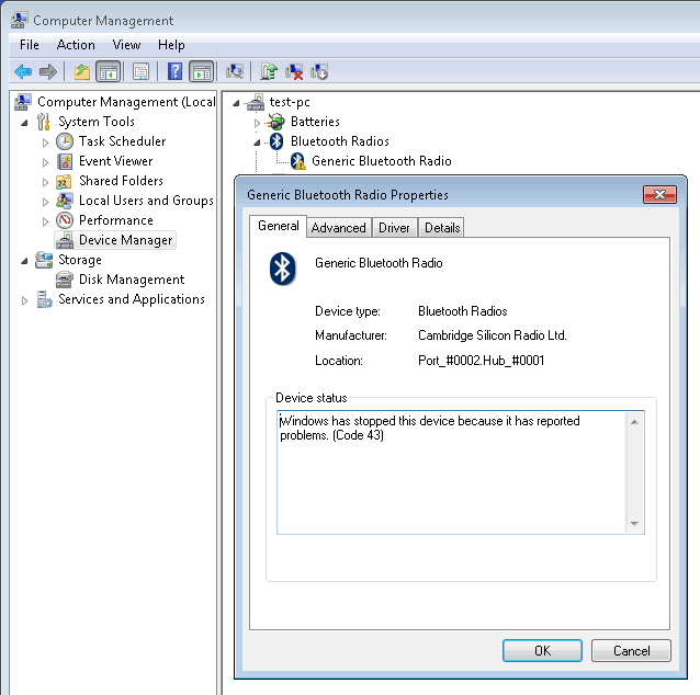 Bluetooth radio error code 43