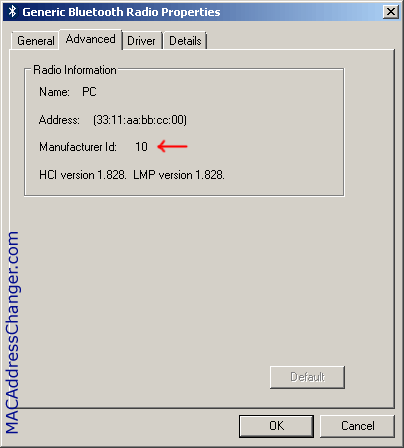 Bluetooth Radio Properties - Advanced - Manufacturer Id