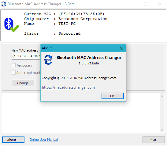 Screenshot of Bluetooth MAC Address Changer (about the program)