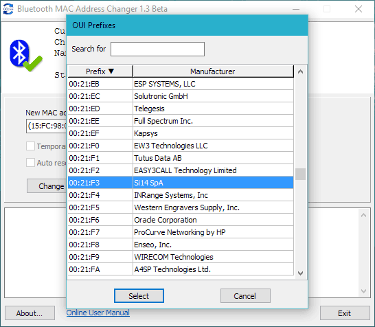 Screenshot of OUI lookup tool built in Bluetooth MAC Address Changer for Windows
