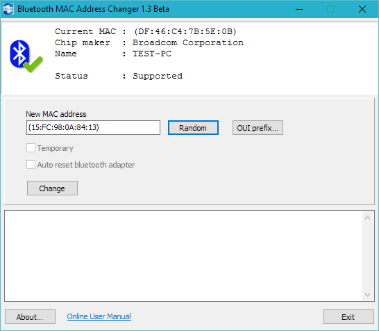 Screenshot of just started Bluetooth MAC Address Changer for Windows